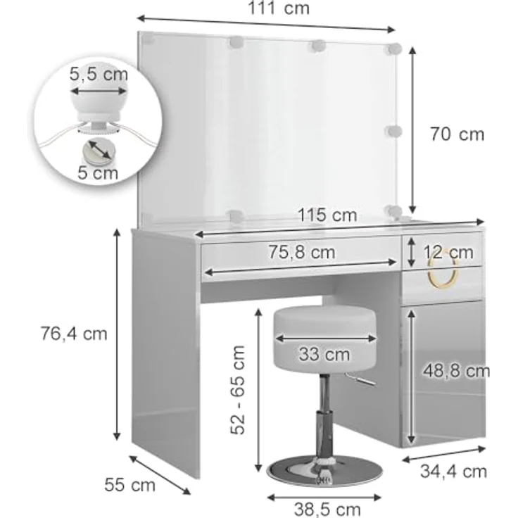 Vicco Schminktisch Adela, Weiß Hochglanz, mit Spiegel, LED-Lichterkette, 3 Fächern und 2 Schubladen, 115x76.4x55 cm – Bild 3