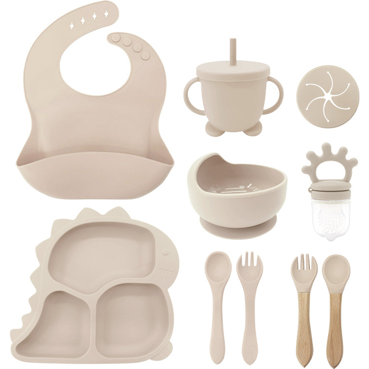 ABC Kindergeschirr-Set mit Dinosaurier-Motiv, Schüssel aus lebensmittelechtem Silikon, Babygeschirr für die Beikostvorbereitung, mit Fächern - dunkelrosa