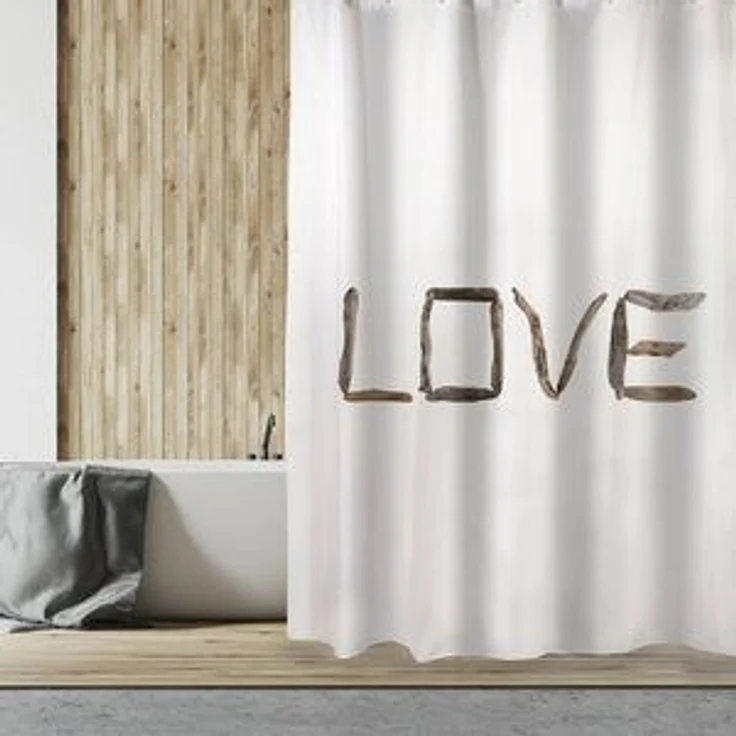 MSV Duschvorhang LOVE Breite 180 cm, Textil-Duschvorhang, 100% Polyester, wasserabweisend, Anti-Schimmel-Effekt, waschbar 30°, angesagter Shabby Look, Farbe weiß / braun, 180x200 cm – Bild 6