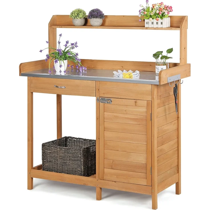 Yaheetech Pflanztisch mit Schubladen & Unterschrank, Blumentisch Gärtnertisch mit verzinkter Arbeitsplatte, wetterfest, 101 x 46 x 125 cm, Holzfarbe – Bild 1