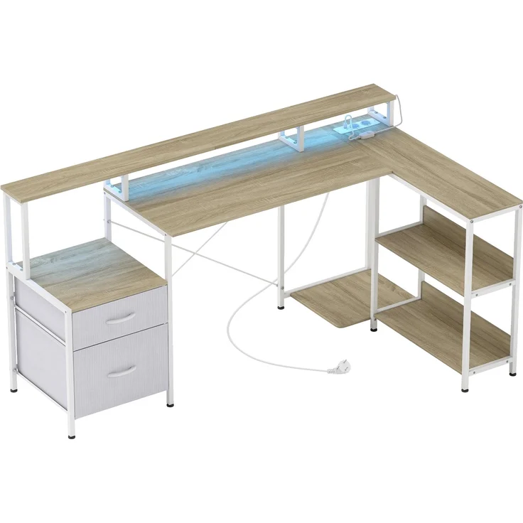 JARDJ Eckschreibtisch mit Steckdosen und RGB-LED-Beleuchtung, Computertisch, 172 x 100 cm, Monitorständer, 2 Schubladen, weiß – Bild 8
