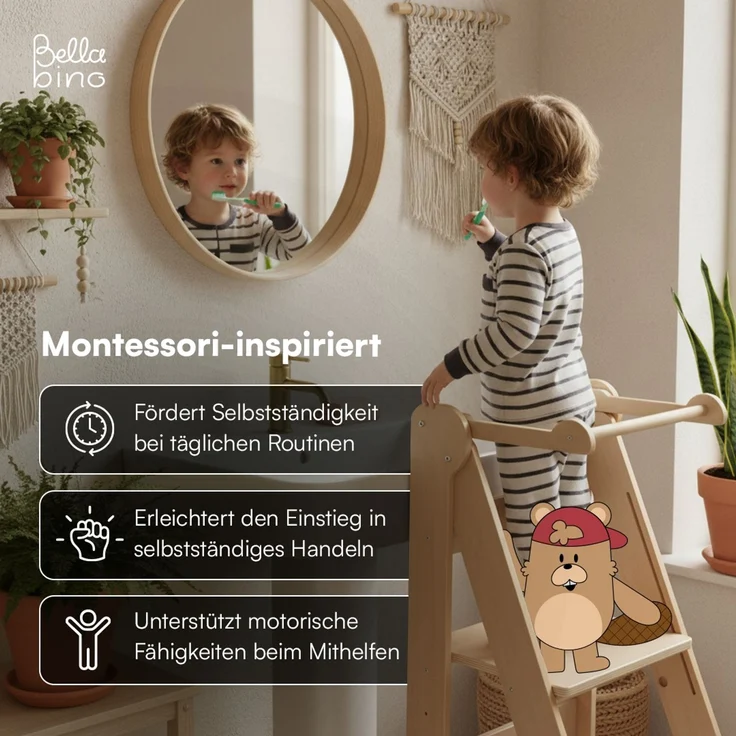 Bellabino 'Tay' Lernturm für Kinder ab 1 Jahr, Tritt 2-fach höhenverstellbar, natur, Birke Sperrholz, klappbar, Tritthocker bis 50 kg belastbar – Bild 3