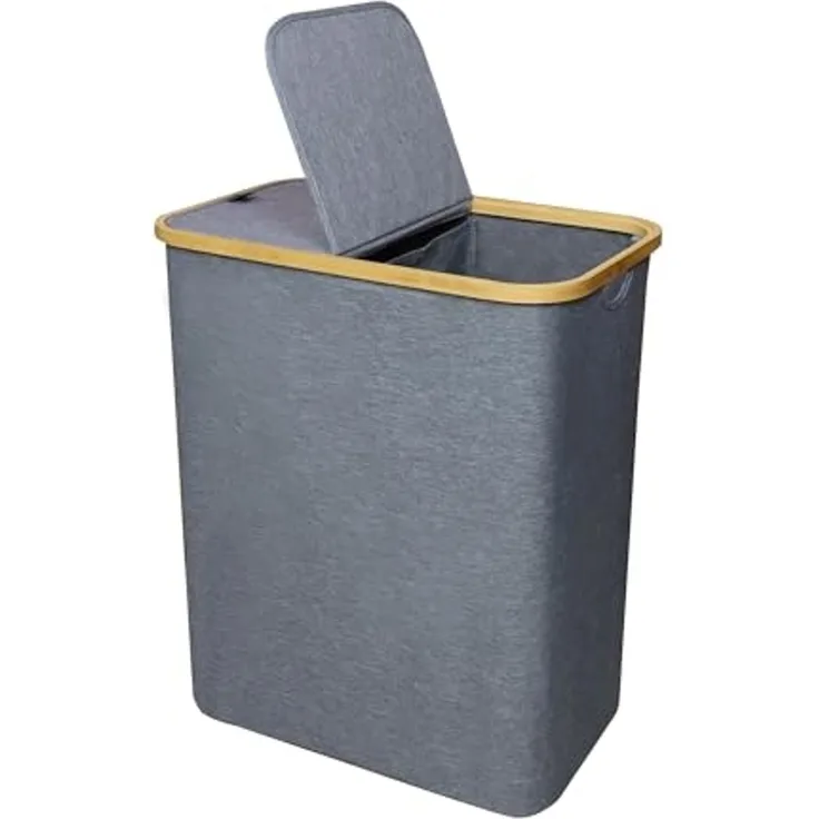 Bestlivings Wäschekorb mit Bambusrahmen inkl. 2 Fächern 54x34x65 cm, 120L, 2-geteilter Deckel, Bezug: 100% Polyester, atmungsaktiv