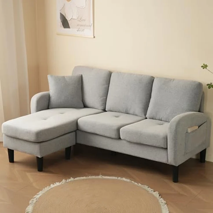 Ball & Cast L-förmiges Eckcouch mit Schlaffunktion, 3-Sitzer Sofa mit Kunststoffbeine aus Baumwoll-Leinenstoff für das Wohnzimmer Wohnung Villa, 166 x 77 x 118 (BxHxT), Grau – Bild 3