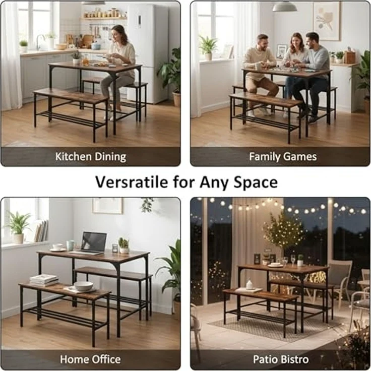 FurnitureR 3-teiliges rechteckiges Esszimmer-Set, Metall, Braun, Tisch 70 x 110 x 74 cm, Jede Bank: T30 x B100 x H45 cm – Bild 3