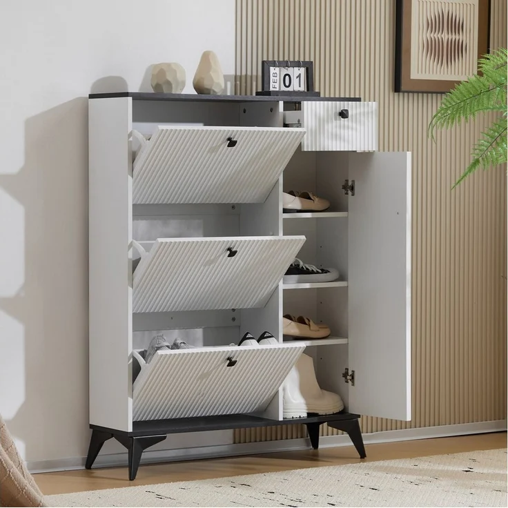 Merax Schuhschrank mit 3 Klappen Schuhregal mit Tür und Schublade,Sideboard Schuhkipper H121/B90/ T25cm – Bild 1