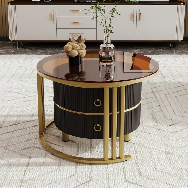 Couchtisch 2-teilig Set mit brauner Glasplatte Hochglanz, Schubladen, Gold Metallbeine,Gold und Schwarz – Bild 4