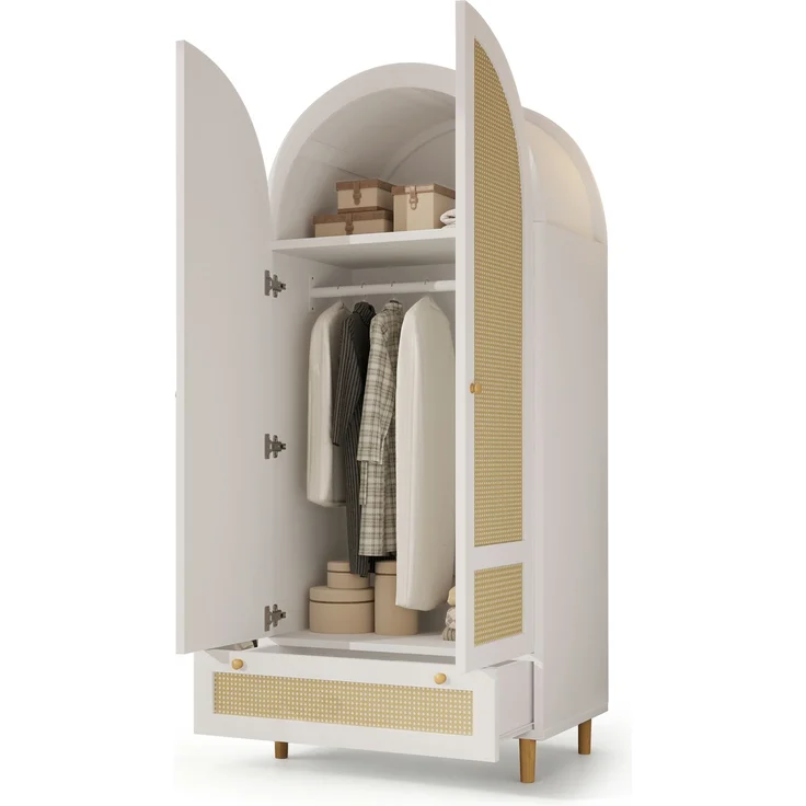 Kleiderschrank 80x50x180 cm aus Holz in Rattan-Optik, Schrank in Weiß mit Bogen-Design, Wäscheschrank mit Kleiderstange und Schublade, Garderobenschrank für Schlafzimmer, Kinderzimmer, Flur--Weiß--80x50x180cm--YOUDENOVA – Bild 7