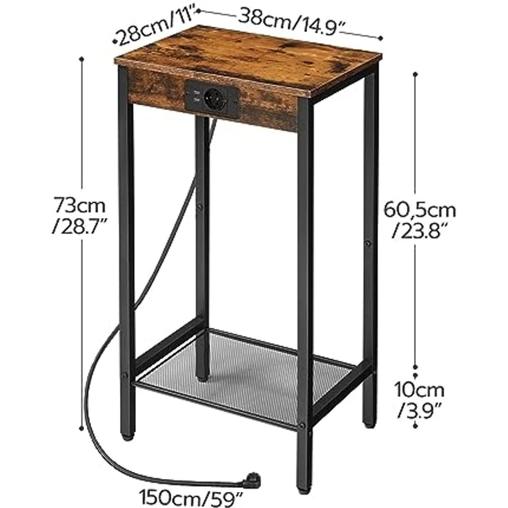 HOOBRO Beistelltisch mit Ladestation, Telefontisch Hoch mit Netzablage, Schmaler Nachttisch mit Steckdose für Wohnzimmer, Schlafzimmer, Vintagebraun und Schwarz EBF08CDH01 – Bild 3