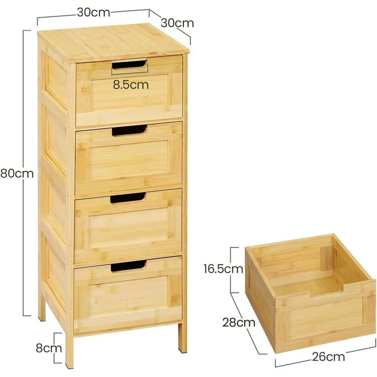 EUGAD Badkommode (1 St), Badschrank Bambus, mit 4 Schubladen, 30x80x30 cm – Bild 2