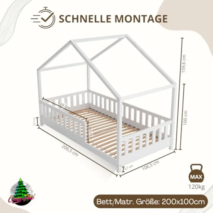 Crazy Pine 'Crazy House' Hausbett mit abnehmbaren Rausfallschutz, Naturholz, Weiß, 100x200 cm, mit Höhenverstellbaren Beinen – Bild 3