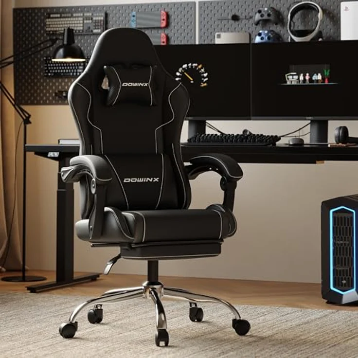 Dowinx Gaming Stuhl, Ergonomischer Gamer Stuhl für Büro und Home Office, Verstellbarer Bürostuhl mit Rückenlehne bis 150°, mit Fußstütze, Belastbar bis 180 kg, Schwarz – Bild 2