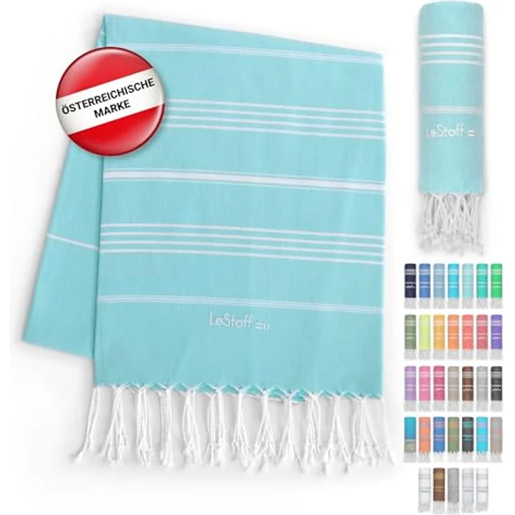 LeStoff Hamamtuch 100% Bio-Baumwolle, 95 x 180 cm, schnelltrocknend, leicht, aqua – Bild 1