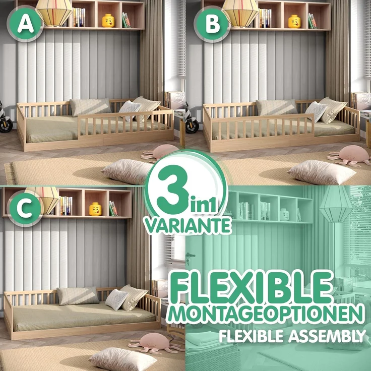 CADANI Kinderbett Timi Bodenbett bis 200 kg belastbar mit abnehmbarem Rausfallschutz (120x200 cm, Montessori Kinder- & Jugendbett aus Kiefer Massivholz), inkl. stabilem Roll-Lattenrost, Natur – Bild 3
