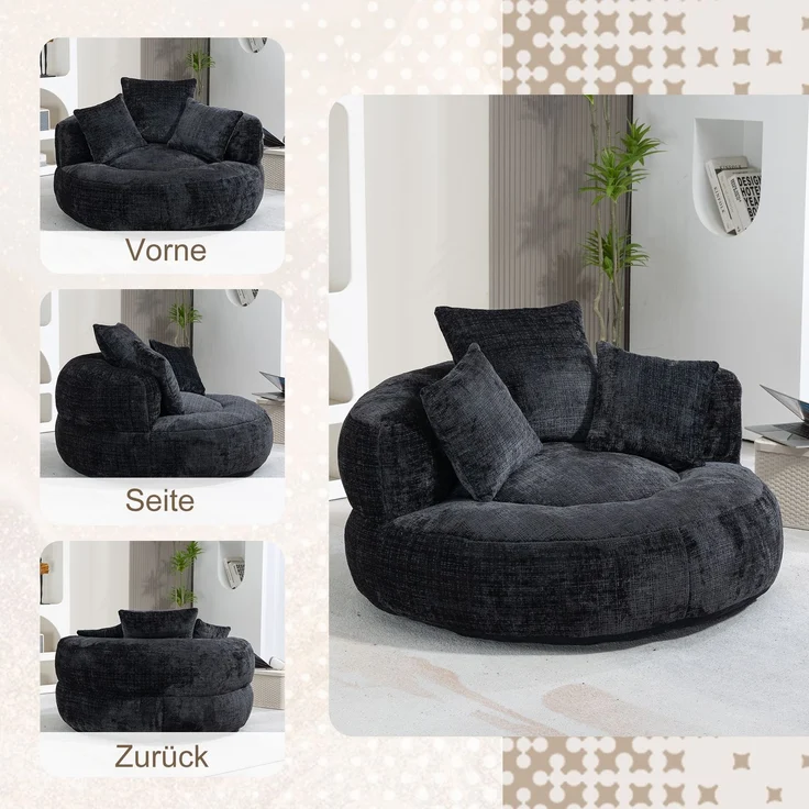 Lazy Sofa Durable Komfort Lounger hohen Rücken Sitzsack Stuhl Couch mit drei Kissen für Erwachsene und Kinder, Indoor & Outdoor, Single Gaming Sofa Stuhl für Schlafzimmer, Büro (Black Chenille)--Schwarz--108x108x52cm--YOUDENOVA – Bild 4