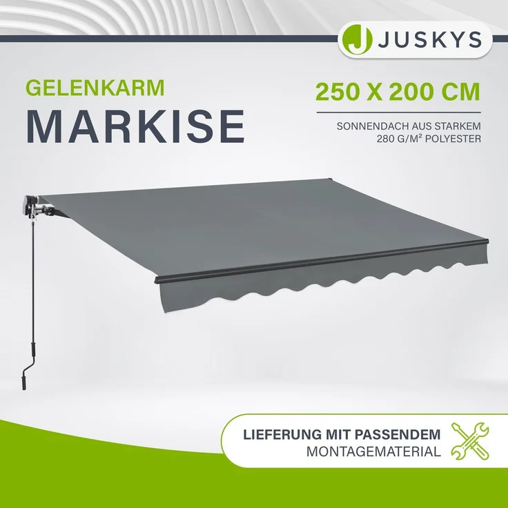 Juskys Markise - Gelenkarmmarkise mit Kurbel & Halterung, Grau, 250x200 cm – Bild 2