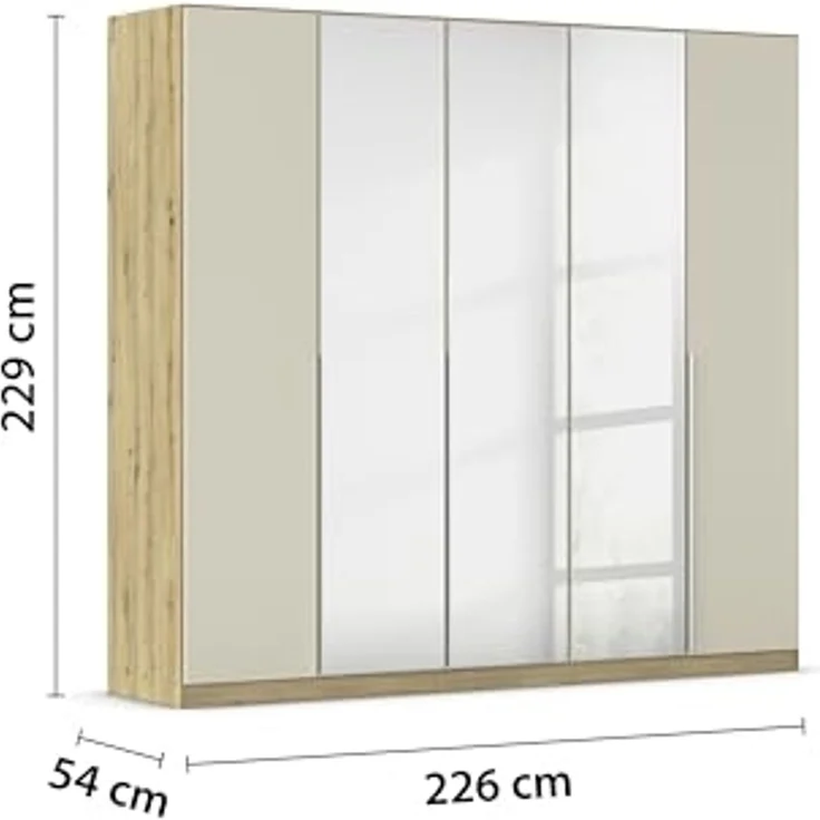 Rauch Möbel Alabama, Kleiderschrank für Schlafzimmer, Kinderzimmer, Wohnzimmer, Garderobe, Flur, 5-türig, Spiegel, mit Zubehör Premium, Farbe Beige/Eiche Artisan. Holz, Breite 226 cm – Bild 3