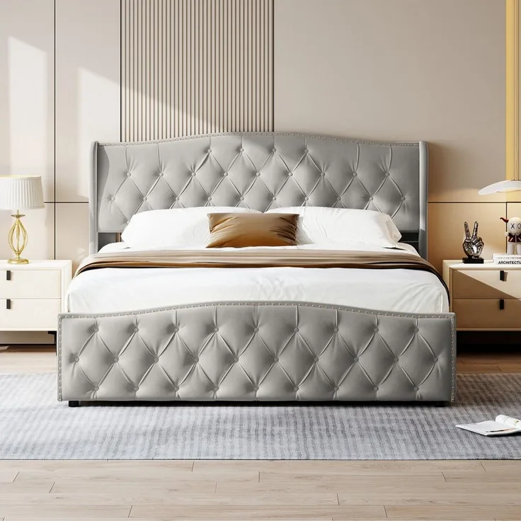 FUROKOY Stauraumbett Polsterbett Doppelbett mit hydraulischem Stauraum (Jugendbett gepolsteres Bettgestell), 160x200 cm,Grau,Samt,mit weichem Kopfteil