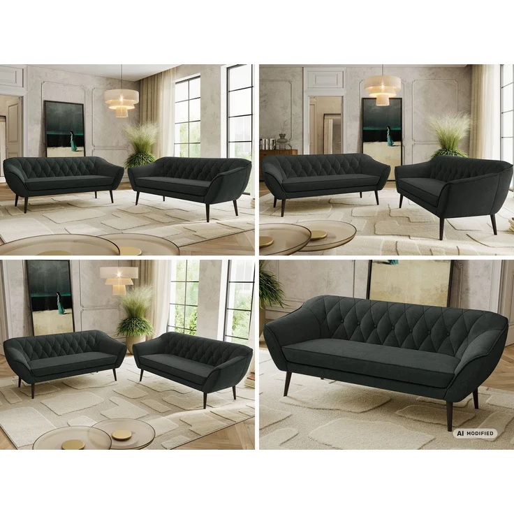 Wohnzimmerset Möbelset PIRS 3-3, Armlehnen, Wellenfederung, schwarze Füße, Dreisitzer Sofa, Polstermöbel Set - Dunkelgrau Stukture – Bild 2