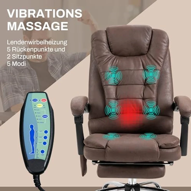 Vinsetto Massage Bürostuhl, mit Wärmefunktion und Höhenverstellung, Mikrofaserstoff, schwarz – Bild 4