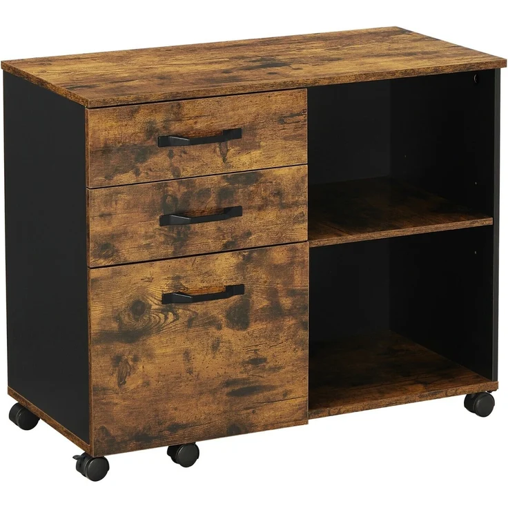 Vasagle Aktenschrank, Rollcontainer, frei beweglich, mit Rollen und 3 Schubladen, Industriestil, vintagebraun-schwarz, 80 x 40 x 66 cm (L x B x H) – Bild 2