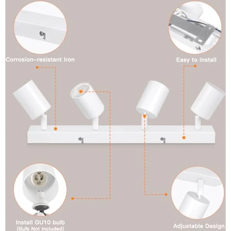 Ketom Deckenstrahler 4 Flammig GU10, Verstellbare LED Deckenlampe in Weiß, 43cm, Ohne Leuchtmittel – Bild 5
