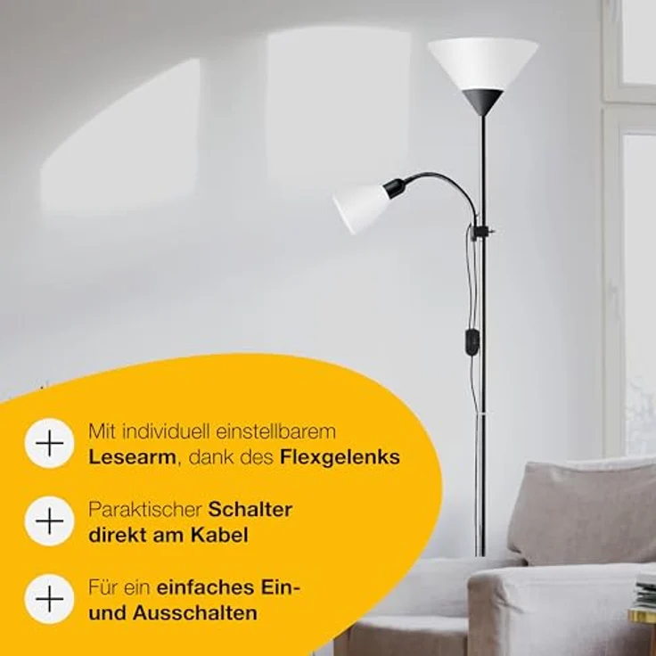 Brilliant Leuchten No. 93008-76 Deckenfluter Spari mit Lesearm schwarz weiß – Bild 6