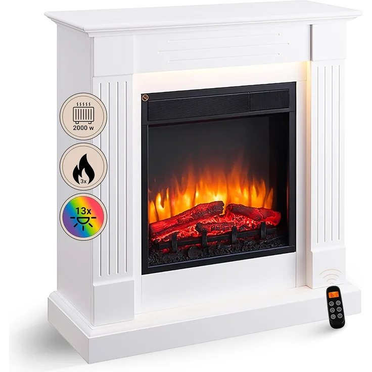 RICHEN Elektrokamin Ladina - Elektrischer Standkamin Mit Heizung, LED-Beleuchtung, 3D-Flammeneffekt & Fernbedienung - Weiß