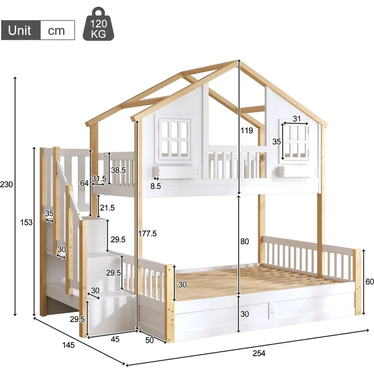 Merax Etagenbett, Kinderbett, 90*200+140*200cm, Holzbett, Hausbett, mit hydraulischem Unterbett, Hochbett mit LED und Stauraumtreppe, weiß+Naturfarbe – Bild 4