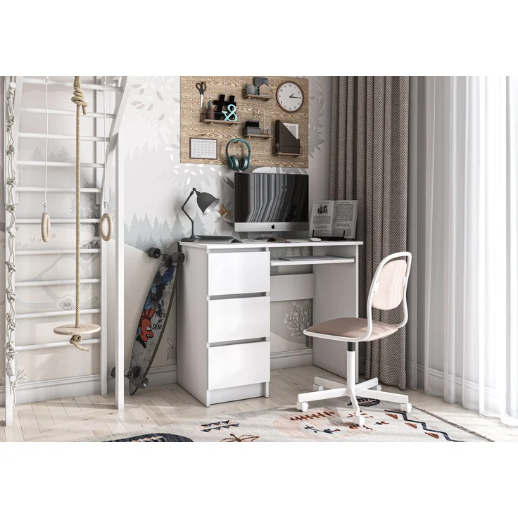 Shefa Line CINA Schreibtisch Weiß 90x50 cm - Computertisch mit 3 Schubladen & Tastaturauszug – Bild 5