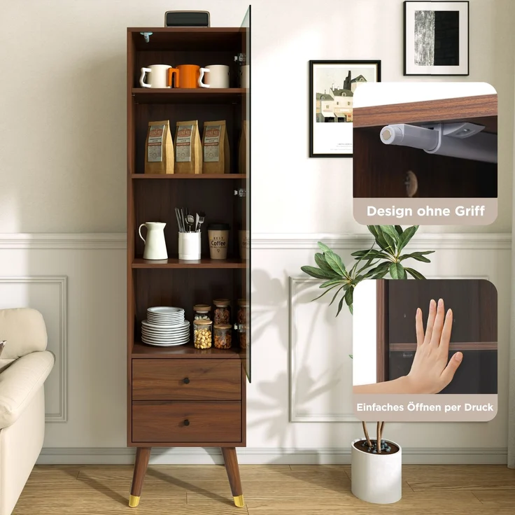 Moderner Hochschrank mit Glastür, Vitrinenschrank mit verstellbaren Regalen und 2 Schubladen, Standschrank für Wohnzimmer, Bad & Büro in Nussbaumholz-Optik--Nussbaum--39.8x35x160cm--YOUDENOVA – Bild 5