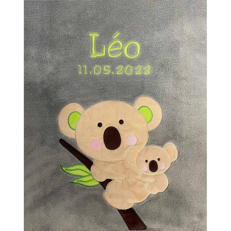 KIDDI-MEDIA Babydecke mit Name und Geburtsdatum Bestickt/kuschelig weich / 1A Qualität (Anthrazit - Koala)