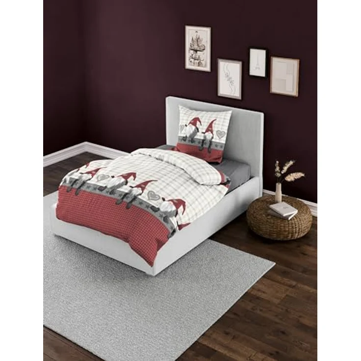 Bierbaum Biber Bettwäsche 135x200 Sterne Wichtel Karo grau rot beige 6946-01 – Bild 2
