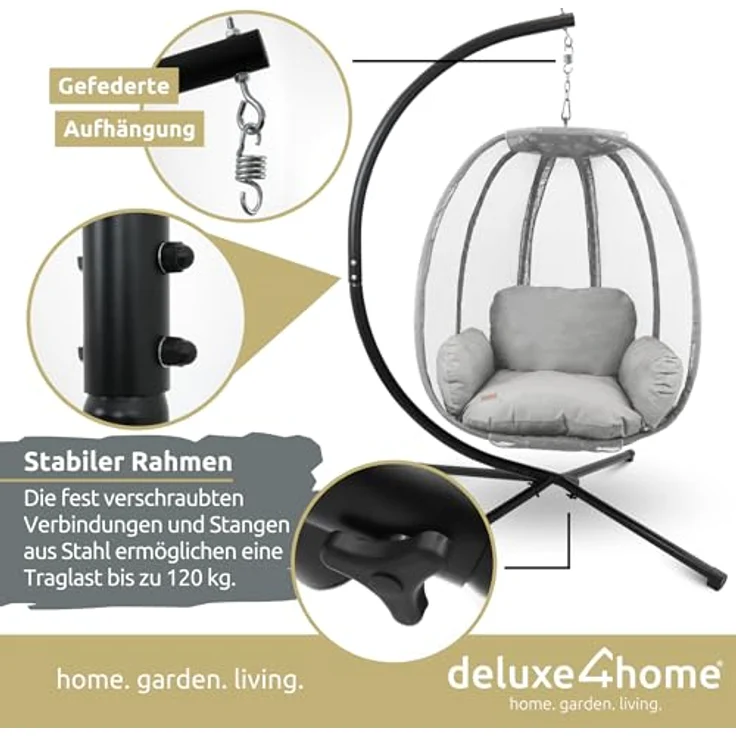 deluxe4home Hängesessel Hängekorb mit Gestell I Terrassenschaukel Hängeschaukel, inkl. Polster und Kuscheldecke – Bild 3
