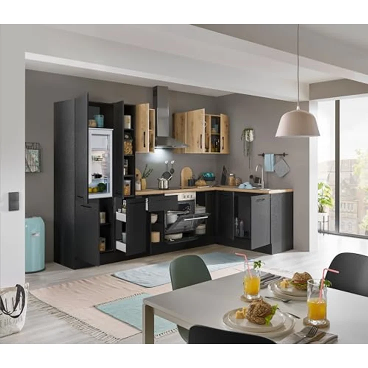 Turin L Eckküche 300 x 211 x 60 cm, schwarz - Ohne Küchengeräte - Moderne, geräumige Küche in Artisan-Eiche Optik mit viel Stauraum – Bild 5