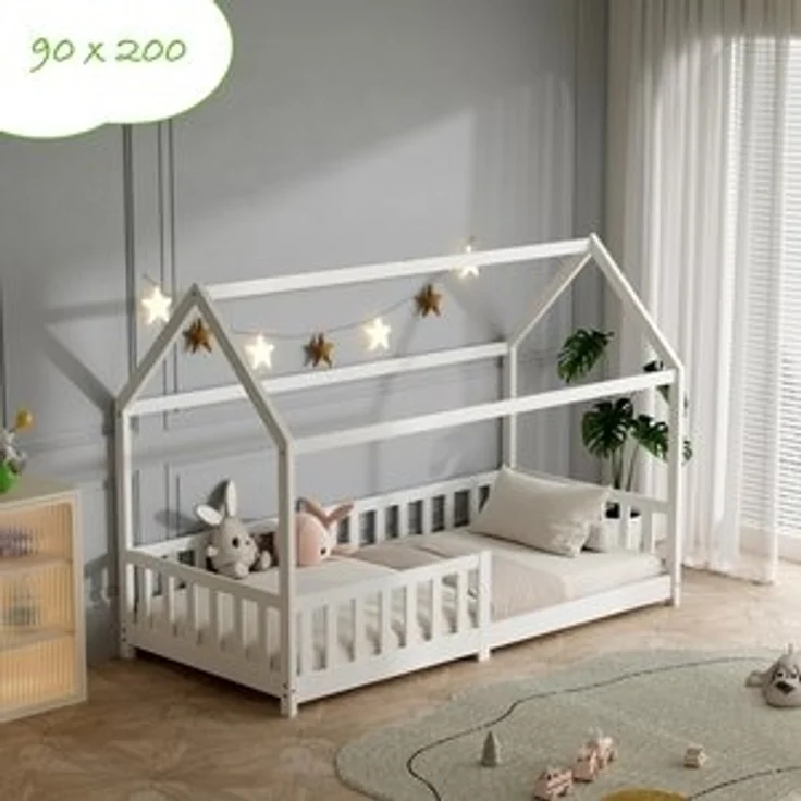 ecoMI Kinderbett Hausbett, Rausfallschutz, Lattenrost, 90x200 & 80x160, Weiß & Natur, Hausbett, Rausfallschutz, Lattenrost, 90x200 & 80x160, Weiß & Natur – Bild 6