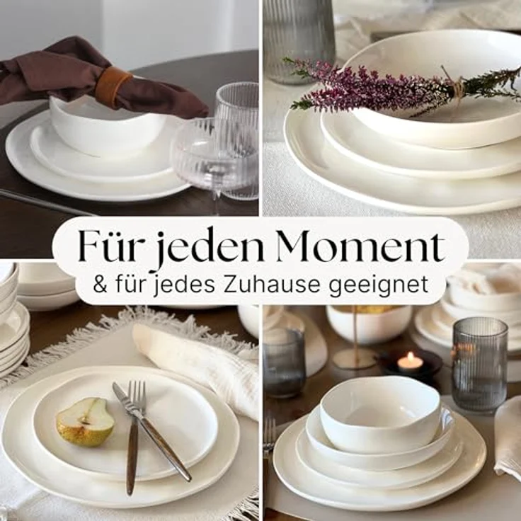 Zoha Teller-Set Perlemor weiß - Skandinavisches Design, Teller Set spülmaschinenfest (48-tlg), 6 Personen, Hochwertiges Steingut, Mikrowellenfestes & Kratzbeständiges Geschirrset für Zuhause & Events – Bild 9