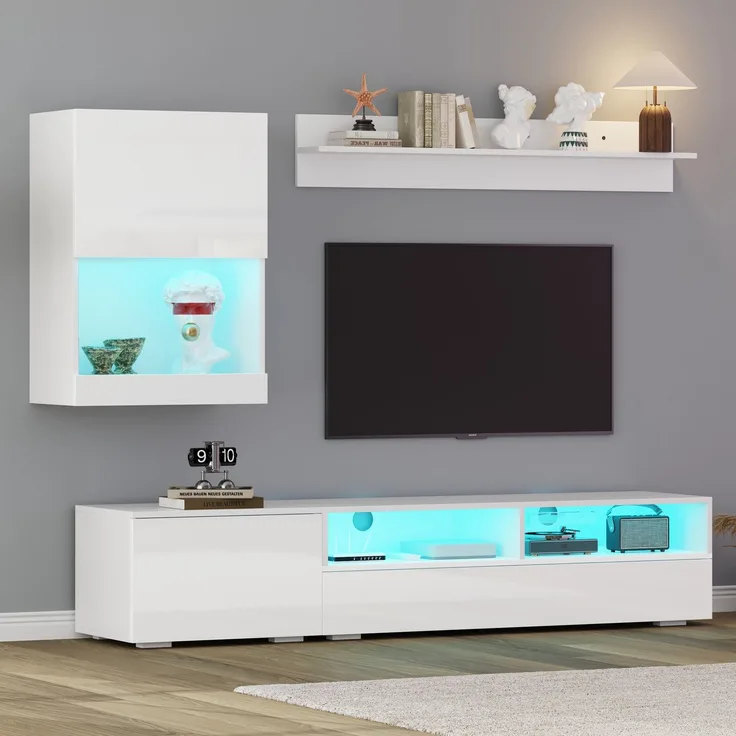 Wohnzimmermöbel 3 Set mit LED-Beleuchtung, TV Lowboard mit 2 offenen Fächern & 2 Türen,Wandschrank & Wandregal