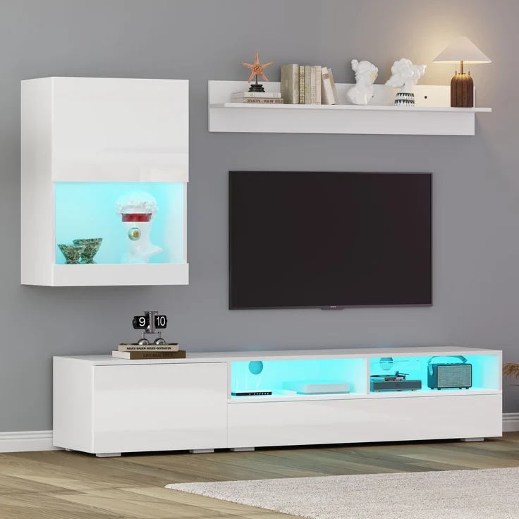 Wohnzimmermöbel 3 Set mit LED-Beleuchtung, TV Lowboard mit 2 offenen Fächern & 2 Türen,Wandschrank & Wandregal – Bild 1