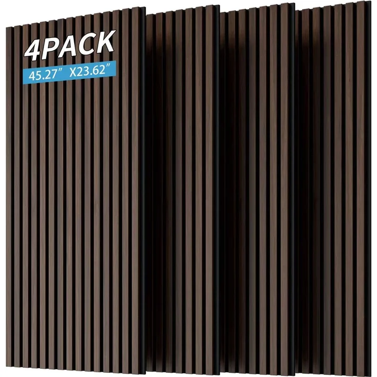 Holzpaneele für Wandlamellen, 4-teiliges Set Akustikpaneele aus Holzlamellen für Wand und Decke – 3D-geriffelte, schallabsorbierende Paneele mit dreiseitiger Holzverkleidung – 120 cm x 60 cm (Dunkelwalnuss) – Nussbaum – 115 x 62 x 9,5 cm – YOUDENOVA – Bild 3