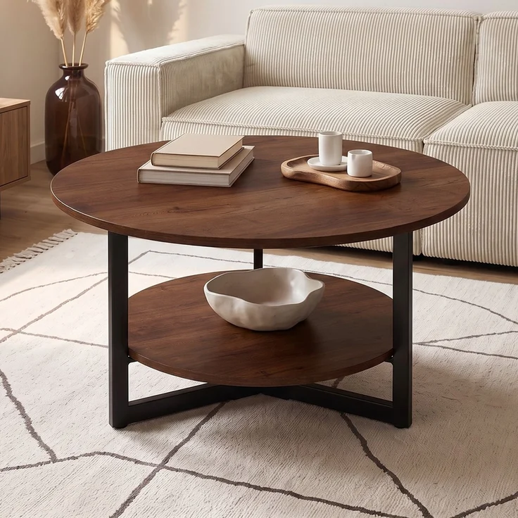 skølm 'Drakkar' Couchtisch rund, Massivholz Eiche, lackiert, Walnussoptik, Wohnzimmertisch Ø70 cm mit Metallgestell, Beistelltisch für Wohnzimmer mit Ablage – Bild 1