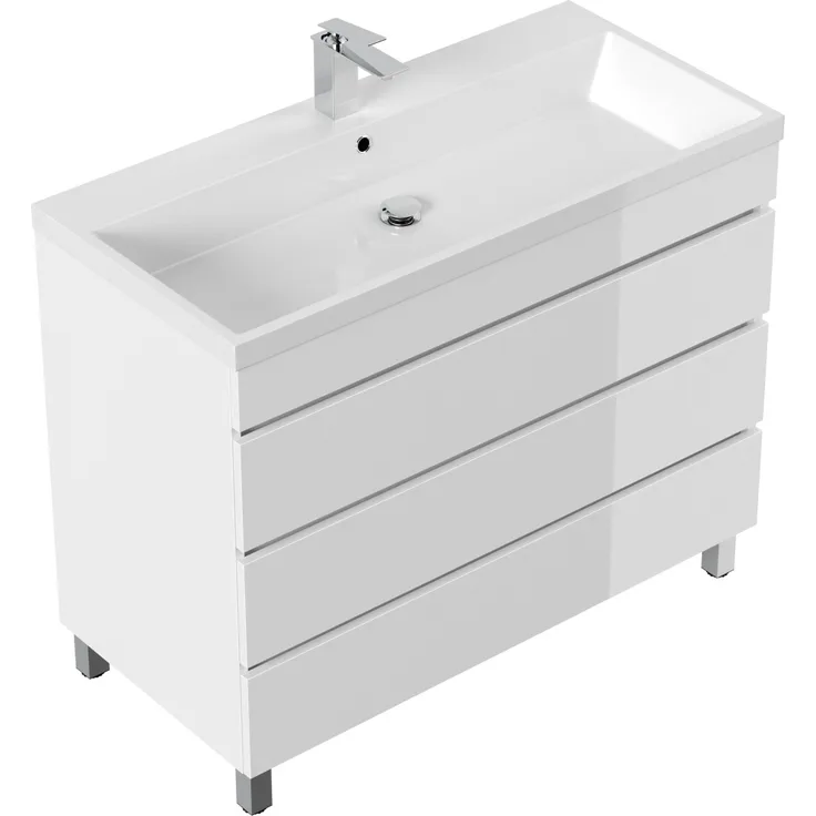 Stand Badmöbel Via 100 SoftClose weiss hochglanz mit drei grifflosen Schubladen : Weiss hochglanz