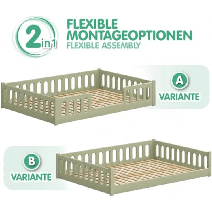 CADANI Monte 140x200 Grün Bodenbett - Rausfallschutz abnehmbar, bis 200 kg | Montessori Kinderbett, robuster Roll-Lattenrost, abgerundete Kanten, hochwertige Fertigung in der EU für langlebige Qualität – Bild 5