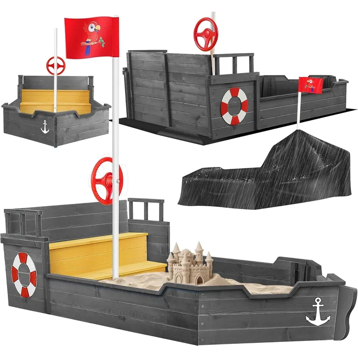 KIDIZ® Sandkasten Ahoi - Piratenschiff, Holz Anthrazit, 195 x 94 x 136 cm