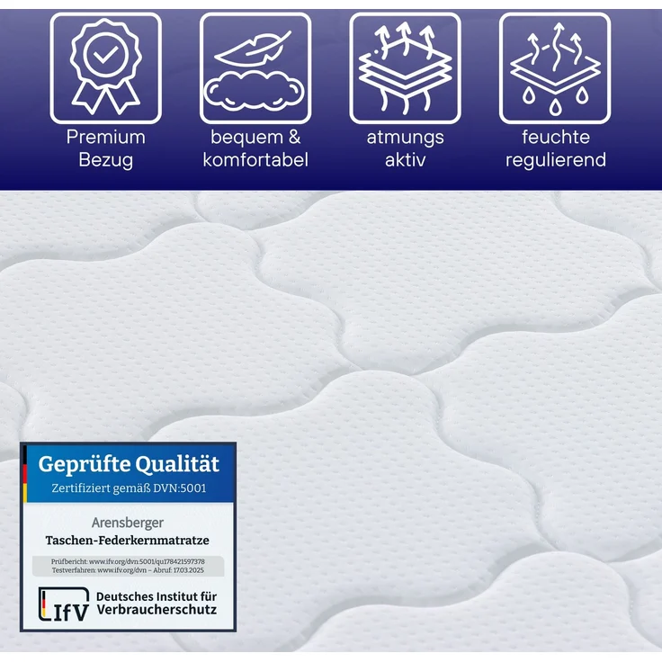 Arensberger EMILIA Federkernmatratze mit GEL-Schaum und integriertem Topper | 180x200 cm Höhe 23cm | Härtegrad H3/ H4 | HR Taschenfederkern Matratze – Bild 3