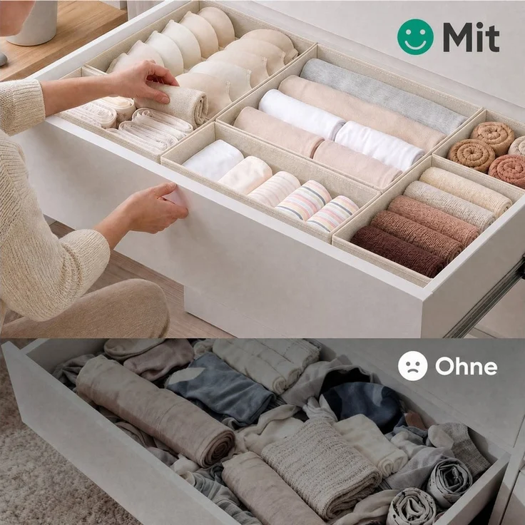 Sekey Aufbewahrungsbox Aufbewahrungsboxen Set us Vliesstoff Faltbare Stoffboxen Organizer (6 St), Beige S (28×28×13×2, 14×28×13×2, 14×14×13×2) – für Schubladen/Regale – Bild 3
