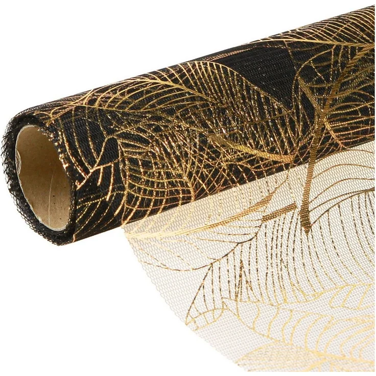 Viana Tischläufer Schwarz-Gold Organza Tischläufer mit Blättermuster 48x450cm – Bild 1