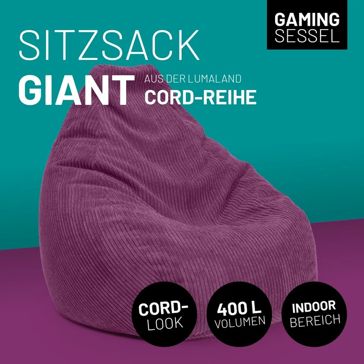 Lumaland Sitzsack Gaming-Sitzsack Cord 350l weinrot, supersofte Füllung EPS-Perlen – Bild 3