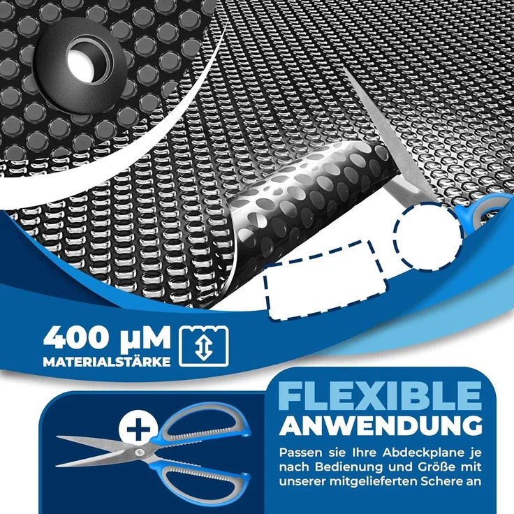KESSER® Pool Solarfolie 400 µm | Solarplane Poolabdeckung | Solarabdeckplane flexibel zuschneidbar | Poolplane für Wassererwärmung | Solarabdeckung mit Schere, Lochzange & 12 Ösen Schwarz, Ø 600 cm – Bild 2