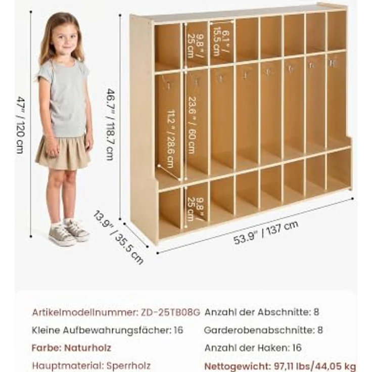 VEVOR Offener Kinderkleiderschrank, Kindergarderobe mit 16 Haken & 24 Fächern (8 Groß + 16 Klein), langlebig und kindersicher für Kindergarten und Zuhause – Bild 2